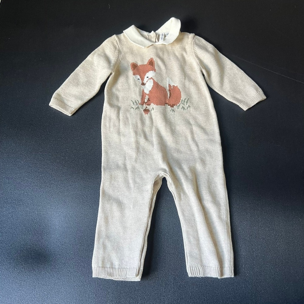 Janie & Jack Cream Fox Knit Romper Peter Pan Collar 3-6 Months Classic Heritage